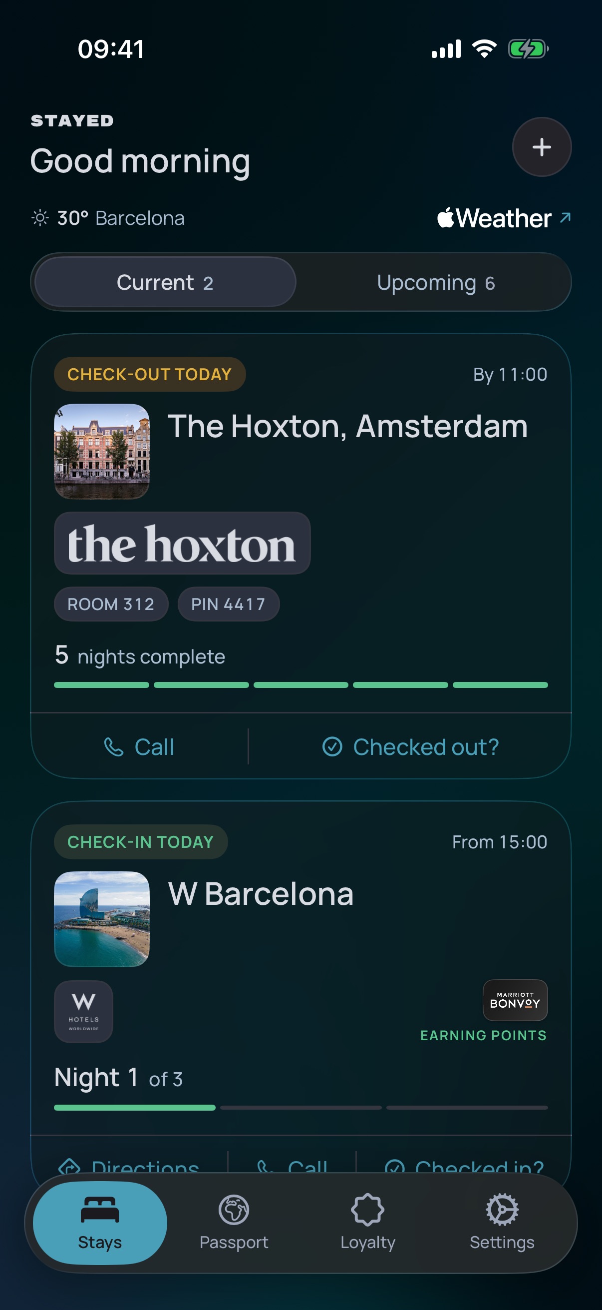 Stayed app showing a checkout and the next hotel check-in