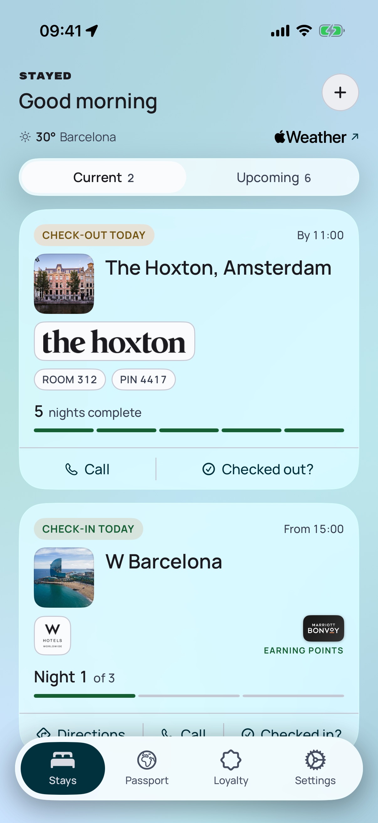 Stayed app showing a checkout and the next hotel check-in